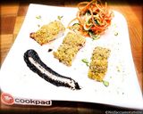 Foto del passaggio 5 della ricetta Trancetti di Merluzzo in crosta di Pistacchi di Bronte con salsa all’Aglio nero