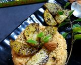 A picture of step 3 of Daliya couscous with curry leaf pesto crusted potatoes.