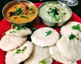 A picture of step 4 of Steamed Idli with chutney and sambar.