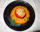 A picture of step 5 of Red bell peppers stuffed with oregano chicken on sweet potatoes puree.