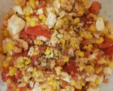 A picture of step 9 of Garlic, Corn, Tomato. Mozzarella topping & Grated Cheese. Salsa.