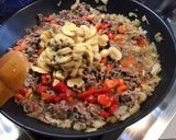 A picture of step 9 of Ground Beef with Button Mushrooms, Red Bell Peppers, and Indian Spices.