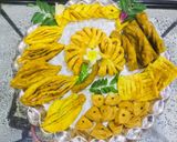 A picture of step 13 of #Karela,fish,layers,flower,  net and triangle shaped Nimkis.