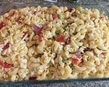 A picture of step 4 of Mac and cheese with smoked beef and veggies.