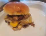 A picture of step 4 of Smothered and Covered Smash Burgers on Hawaiian Buns.