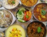 A picture of step 12 of Indian Veg Thali (Aloo, Paneer, kaddu, Raita, Halwa, Shrikhand).