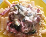 Une image de l'étape 5 de Pâte courgettes champignons bacon au chèvre.