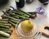 A picture of step 5 of Brined Pork Chops with Hasselback Potatoes, tender, buttery Asparagus and sharp Hollandaise Sauce.