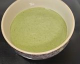 A picture of step 5 of Purslane Soup with Goat Cheese Whipped Cream and Hazelnut Oil.