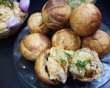 A picture of step 8 of Littichokha with baigan chutney and fried chilli onions.