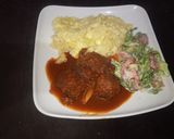 A picture of step 5 of Mac n cheese with meatballs in sauce & salad.
