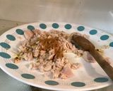 A picture of step 6 of Halal guys style tuna and rice with white sauce (made in the microwave)!.