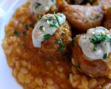 A picture of step 11 of Meatballs with Orzo and Blue Cheese Cream.
