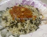 A picture of step 2 of Moringa rice with onion sauce.