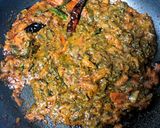 A picture of step 4 of Gongura Chepala Pulusu (Andhra style Fish Curry with Sorrel Leaves).