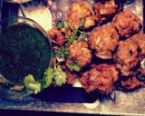 A picture of step 1 of Oats+poha pakoda and oats+poha bhel with hari chutney.