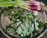 A picture of step 1 of Spring onion, Methi and Alu sabzi.