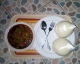 A picture of step 4 of PoundedYam with Egusi Soup.