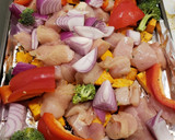 A picture of step 2 of 1 pan chicken with sweet potatoes & veggies.