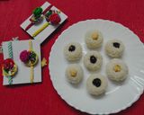 A picture of step 4 of Chocolate coated Hazelnut filled coconut laddu.