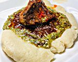 A picture of step 5 of Semovita (swallow)with okra soup and stew.