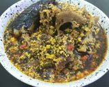A picture of step 5 of Egusi with bitterleaf soup.