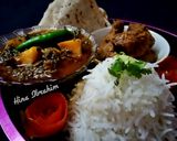 A picture of step 6 of Bihari boti, Aloo palak, Plain Rice and Chapati.