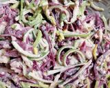 A picture of step 3 of Pork and chorizo bagel burger + pickled cabbage and apple slaw.