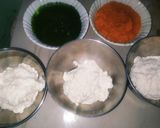 A picture of step 2 of Tricolour trimix dhokla.