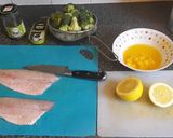 A picture of step 3 of Pan fried seabass fillets on a bed of citrus broccoli.