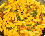 A picture of step 5 of Pasta (Rigatoni) with beef and spicy Chipotle.