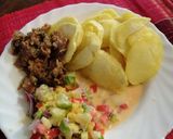 A picture of step 10 of Roasted potatoes, kachumbari in castor milk and fried beef.