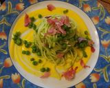 Foto del passaggio 3 della ricetta Spaghetti crema di piselli zafferano petali di prosciutto cotto