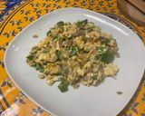 A picture of step 12 of Scrambled Eggs with Green Peppers, Red Onion, and Coulommiers Cheese.
