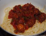A picture of step 12 of Persian style meatballs spaghetti.