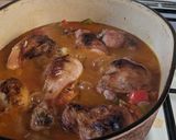 A picture of step 10 of Uncle Yves' Chicken Basquaise (with tomatoes, peppers + herbs).