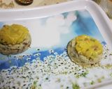 A picture of step 3 of Paneer paan with sweet saffron sauce.