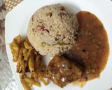 A picture of step 5 of Spicy chicken machurian with fried rice and masala fries.