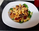 A picture of step 3 of My Chicken, Chorizo pasta dish with melted Gloucstershire cheese.