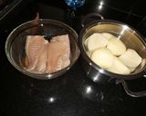 A picture of step 1 of Mash potatoes, salad n fish fillet.