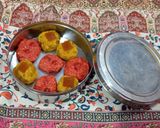 A picture of step 15 of Kaju ki burfi (cherries 🍒 and rose flavour) and laddoo (pan flavour).