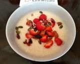 A picture of step 4 of Ready brek with fresh strawberries,Dried fruit & Seeds 😉.