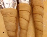A picture of step 5 of Chicken filled cones.