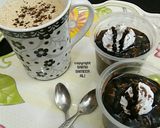 A picture of step 6 of Eggless Chocolate Pudding With a cup of Cappuccino.