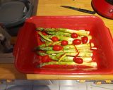 A picture of step 5 of Asparagus with burrata in the oven.