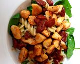 A picture of step 2 of My Chicken, Chorizo pasta dish with melted Gloucstershire cheese.