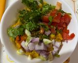 A picture of step 2 of Masoor Dal Bharta with North Indian Style Chapati and Chatpata Mango Pickle.