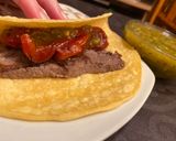 A picture of step 3 of Beef Sirloin Tacos with Roasted Peppers and Green Tomatillo Salsa with Spicy Sauce.