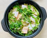 A picture of step 4 of Comforting Salmon Belly, cabbage and daikon hotpot with miso ginger sauce.