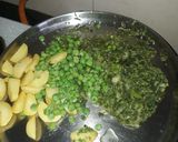 A picture of step 1 of Green onion leaves, peas and potato curry.
